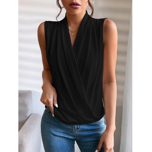 Rouge! Tops - Draped Sleeveless Surplice V-Neck Blouse Top Black Overlapping Front Snap Button